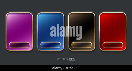 Modern colorful glossy frames with golden borders, ideal for UI design or abstract backgrounds. Vector illustration. Stock Vector