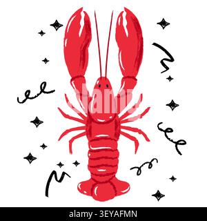Vector watercolor red lobster illustration. Hand drawn seafood with abstract shapes. Trendy vintage food isolated design elements for prints, restaura Stock Vector