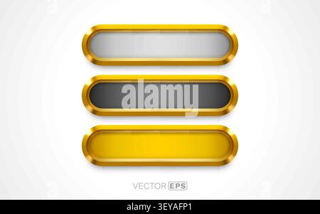 Shiny golden metallic button set. Modern 3D rounded frames with glossy gold borders and varied inner colors. Vector illustration Stock Vector