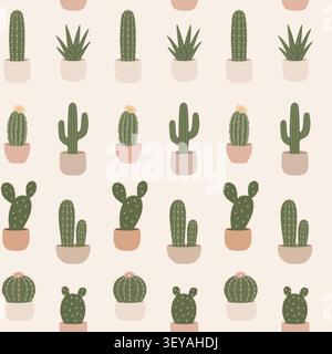 Minimal Repeating Potted Cactus Pattern Collection Stock Vector