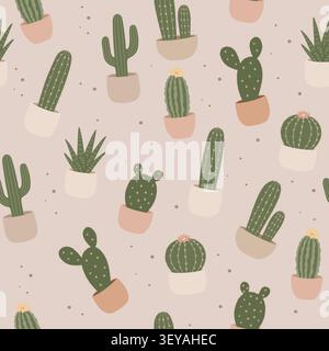 Soft Botanical Cactus Seamless Pattern Design Stock Vector