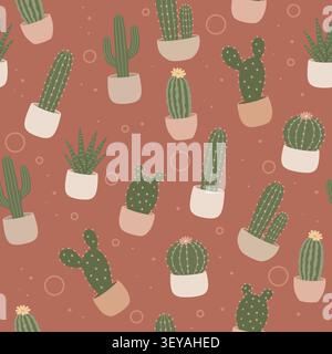 Seamless Pattern with Cute Potted Cacti on Earthy Red Background Stock Vector