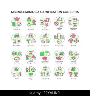 Microlearning and gamification multi color concept icons Stock Vector