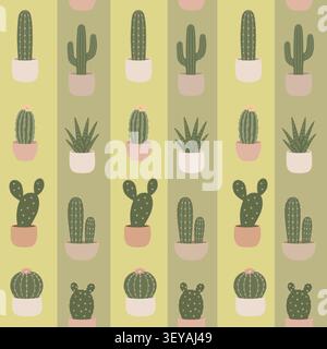Seamless Striped Pattern with Cute Potted Cacti Stock Vector
