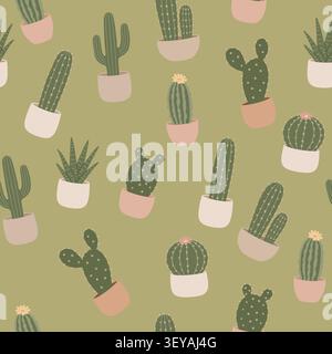 Seamless Pattern with Cute Potted Cacti on Olive Green Background Stock Vector