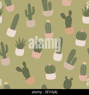 Seamless Pattern with Cute Potted Cacti on Olive Green Background Stock Vector