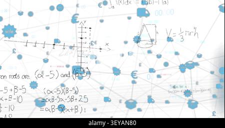 Displaying central cluster with blue nodes, gear icons, gray lines, marker math on white canvas Stock Photo