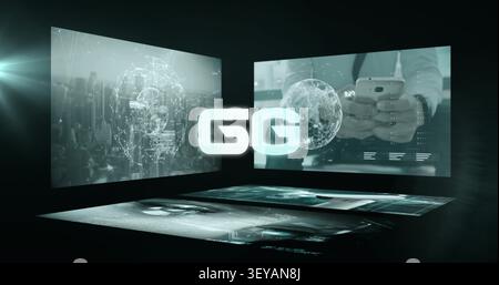 On play central GG logo pulsing, holographic globe rotating, data lines shifting showcasing brand Stock Photo