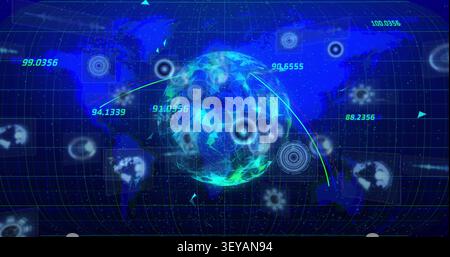 Data pulse starting, low-poly globe appearing, rotating while HUD rings pulsing, showing data links Stock Photo