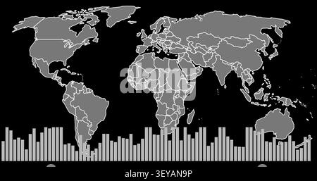 Displaying grayscale world map with white country outlines on solid black canvas, histogram below Stock Photo