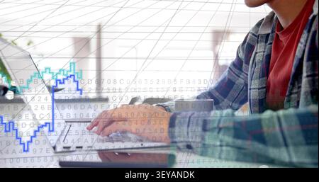 Man placing hands and typing on laptop, initiating code overlay and animating graphs for analysis Stock Photo