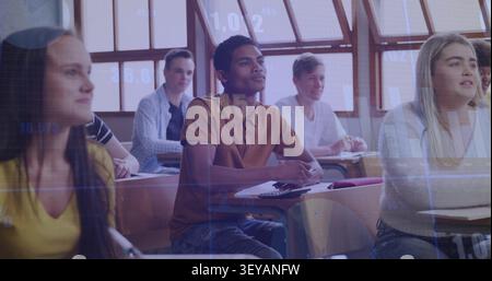 Male student and peers listening in school class, teacher cueing notes while numbers overlay desks Stock Photo