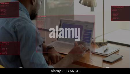Man typing on laptop and selecting chat bubble, causing red HUD panels updating for system analysis Stock Photo