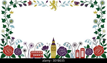 Vintage hand drawn London floral frame border vector illustration with British landmarks Big Ben, red bus, and heraldic lion. Stock Vector