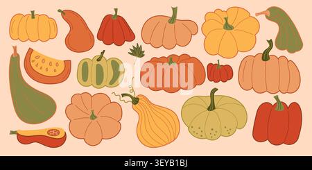 Pumpkin halloween fall for vector autumn food and isolated illustration thanksgiving. Orange set design for icon farm pumpkin and nature vegetable Stock Vector