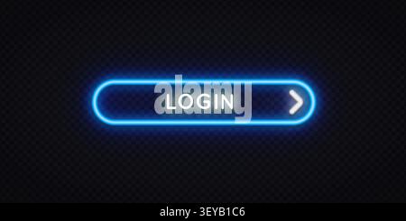 Neon blue glowing Login button with arrow on dark transparent background. Bright rounded web UI element for website, app or game interface design. Stock Vector