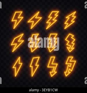 Set of 12 neon orange glowing lightning bolt icons in multiple shapes on dark transparent background. Fiery electric thunder symbols for game, sport Stock Vector