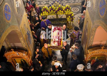 Clergy and Worshippers Around the Epitaphios, Russian Church, Athens Stock Photo