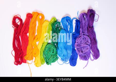 Loose skeins of embroidery floss (thread) stand in line according to the colors of the rainbow on a white background. Stock Photo