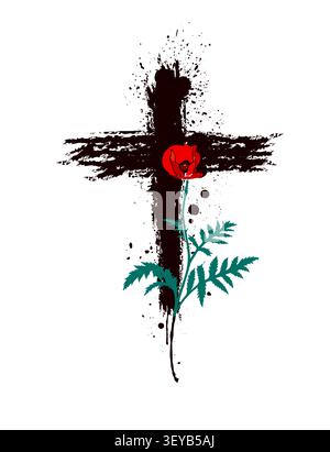 religious cross with flowers. Red poppies. Hand drawn. Not AI, vector illustration Stock Vector