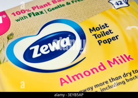 Zewa moist toilet paper with almond milk packaging close-up details Stock Photo
