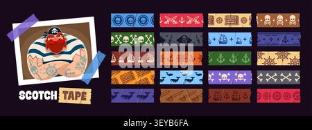Pirate washi tape adhesive stickers, paper scotch strips, sticky scrapbook with cartoon bearded corsair character. Washi tape ribbons and bands set with pirate ships and anchors, skulls and crossbones Stock Vector