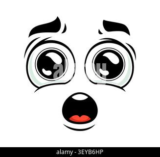 Funny character with astonished facial expression. Cartoon face with shock emotion, huge wide eyes and open mouth with teeth and red tongue for kids games, social media stickers and educational cards Stock Vector