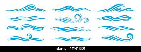 Blue sea and ocean wave icons of water surf splashes with ripple texture. Summer sea waves, ocean flood tides and river flows isolated silhouettes with wavy lines and curls shapes, marine nature Stock Vector