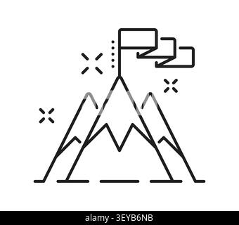 Ranking star pictogram and best quality vector icon of mountain summit with a planted flag. Vector line sign representing achievement, success, goal, ambition and rating, victory and business progress Stock Vector