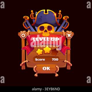 Cartoon pirate game UI level up popup window. Wooden plank panel with bold red ribbon Level Up banner, golden skull in tricorn hat and crossed cutlass swords. Cartoon interface of mobile pirate game Stock Vector