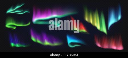 Northern polar aurora borealis light at night sky background. Realistic glowing purple, blue, pink and green light waves with color gradation effect. Abstract aurora borealis bright flowing shapes set Stock Vector