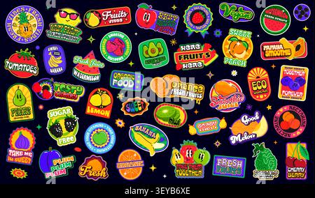 Tropical fruit and drink y2k groovy patch stickers, smoothie and juice retro funky labels. Vector cartoon strawberry, banana, apple and orange character stickers pack. Cute fruit and berry emojis Stock Vector