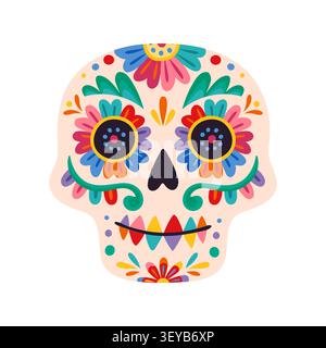 Mexican Day of the Dead beige sugar calavera skull. Day of the Dead sugar skull, Dia de Los Muertos vector calavera. Hispanic culture skeleton head with ornamental flowers petals, floral eyes pattern Stock Vector