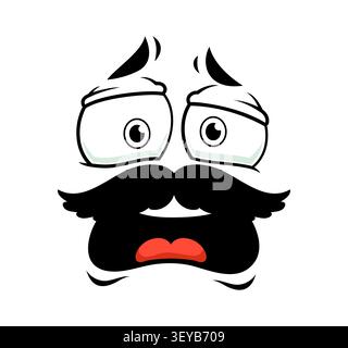 Cartoon sad and upset mustache face emoji with wide worried eyes, raised eyebrows and open mouth. Comic retro character emotion of shock and distress expression for emoticon reactions and avatars Stock Vector