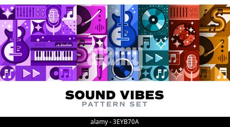 Music sound seamless pattern with geometric mosaic ornament of musical instruments and notes. Music festival, party or concert poster with guitar, microphones vinyl records and synthesizers pattern Stock Vector