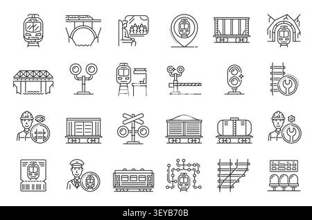 Railroad icons of railway and subway trains, rail road transport set. Vector line railway tracks, locomotive vehicle, passenger railroad car and cargo container, metro tunnel, bridge and ticket icons Stock Vector