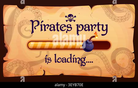 Pirate party countdown loading bar on aged treasure map parchment with octopus tentacles drawing. Cartoon striped progress bar loader and flaming bomb for adventure game screen, event celebration Stock Vector