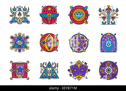 Esoteric mystic tarot card line symbols, boho tattoo vector icons set. Astrology signs, skulls, crystal, potion bottle, sacred geometry, sun and moon elements, wicca and pagan colorful linear symbols Stock Vector