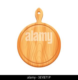 Cartoon round wooden kitchen chopping board, cutting board utensil. Durable dish for kitchen food preparation, slicing and serving, natural timber plank for culinary with handle and wood grain texture Stock Vector