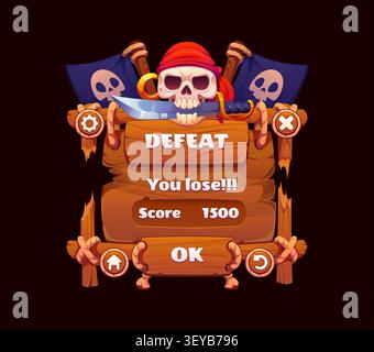 Pirate game interface UI with scores leaderboard panel and GUI menu buttons. Pirate corsair cartoon game menu on wooden board screen for scoreboard app window with skull, sailor and Jolly Roger flag Stock Vector