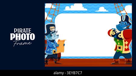 Wolf and gorilla animal pirates on kids photo frame. Border template with cartoon smiling crew wolf corsair reading treasure map and proud gorilla captain characters on wooden ship deck with ropes Stock Vector