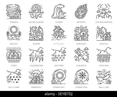 Natural disaster line icons of tornado, earthquake, flood and wildfire, tsunami, volcanic eruption, drought, hailstorm or avalanche, sandstorm, thunderstorm and melting glacier vector linear signs set Stock Vector