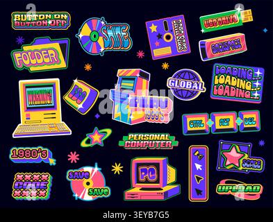 Retro pc y2k groovy stickers, vintage computer patch labels. Vector retro desktop computer, arcade game machine, flash drive, disc and keyboard buttons y2k stickers set with groovy star, globe, cursor Stock Vector