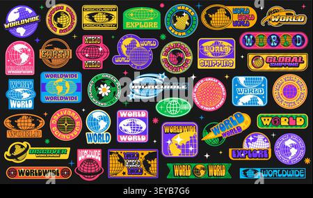 Earth globe y2k groovy stickers, terrestrial sphere funky patch labels with vector stars, flowers and psychedelic grid pattern. World Day, peace and eco nature, delivery and travel retro y2k stickers Stock Vector