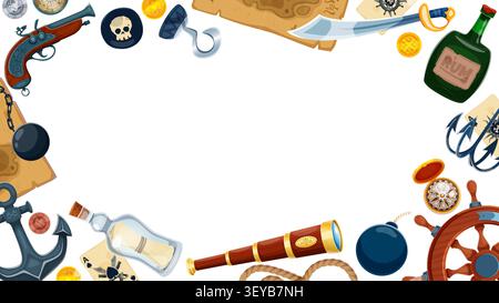 Cartoon pirate frame banner template with wide blank white copy space surrounded by flintlock pistol, skull coin, treasure map, cutlass sword and rum bottle. Nautical frame for pirate party invitation Stock Vector