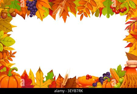 Autumn Thanksgiving frame with colorful leaves, pumpkins and grapes, corn, apples, pears, and berries harvest. Bright seasonal festive border template for Thanksgiving greeting cards or fall messages Stock Vector