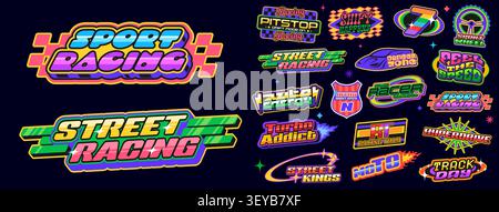 Racing sport retro y2k groovy stickers, car race patch labels. Speed auto and motor rally vehicle icons with trendy y2k star, lightning and fire flame shapes. Race car, wheel and flag retro stickers Stock Vector
