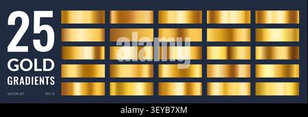 Gold foil palette, luxury golden metallic gradient and brass gradation. Yellow metal palette of gold, copper, zinc and brass alloys, bronze and muntz shades, golden foil rectangular stripes swatches Stock Vector