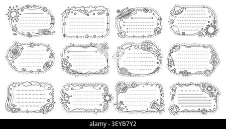 Galaxy space stars and rockets on kids memo note frame stickers, vector paper sheet labels. Kids memo notes or notepad page templates with galaxy spaceship, alien UFO and planets for message notes Stock Vector