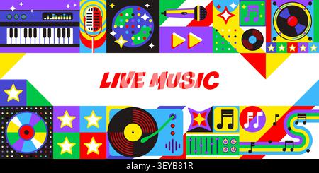 Live music banner with geometric mosaic pattern. Modern flat banner featuring piano keyboard, microphone, disco ball, vinyl record and audio mixer for music festival or concert event posters Stock Vector